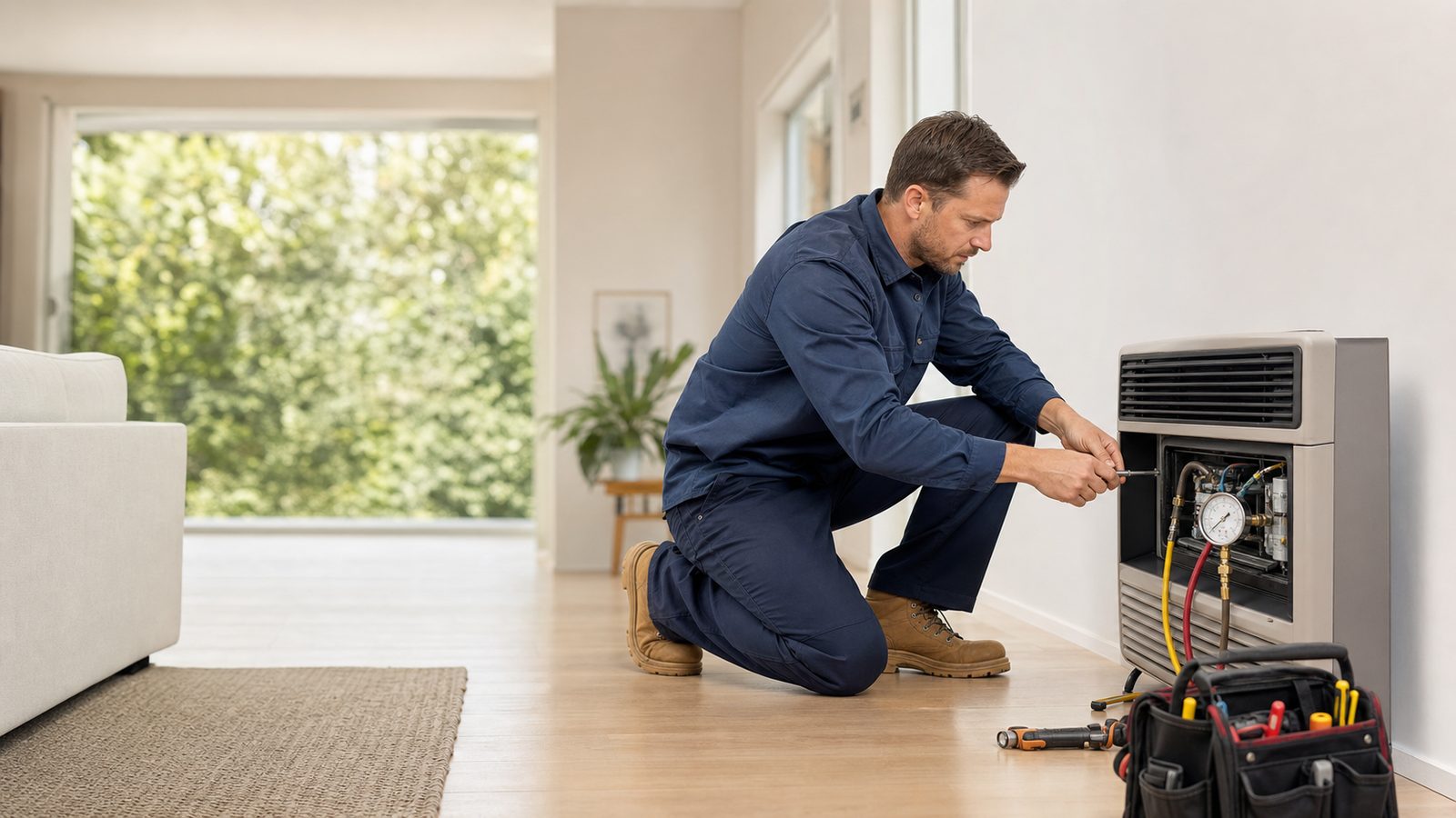 Gas heater technician on the job